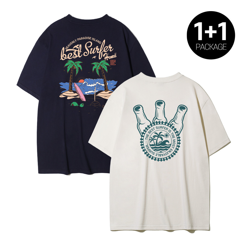 [1+1]크루클린 보틀 캡 야자수 반팔티베스트 서핑 하와이 오버핏 반팔 티셔츠 패키지